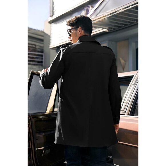 Mens Black Trench Coat Notched Lapel Double Breasted  Windbreaker Overcoat - Picture 3 of 5